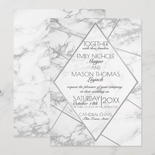 Silver Marble Art Deco Geometric Slate Wedding Invitation (Front/Back)