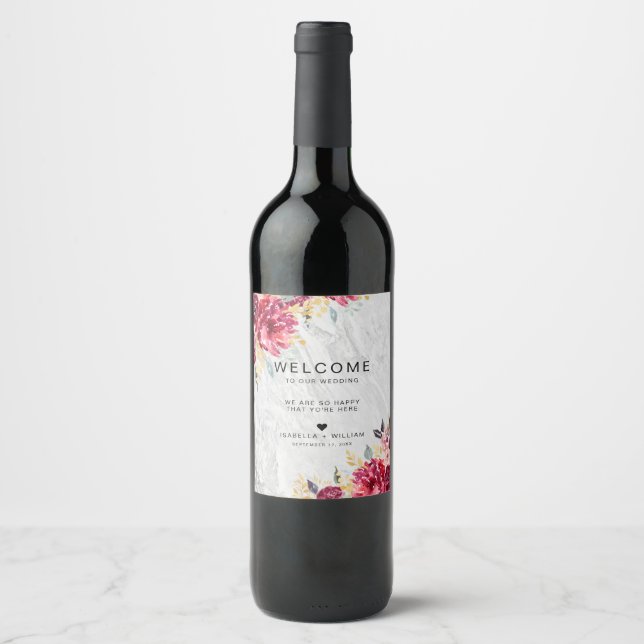 Silver Marble Floral Gold Burgundy Wedding Wine Label (Front)
