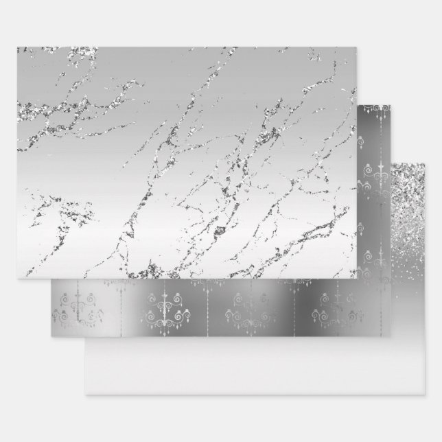 Silver Marble Glam Glitter Chandeliers Wrapping Paper Sheet (Set)