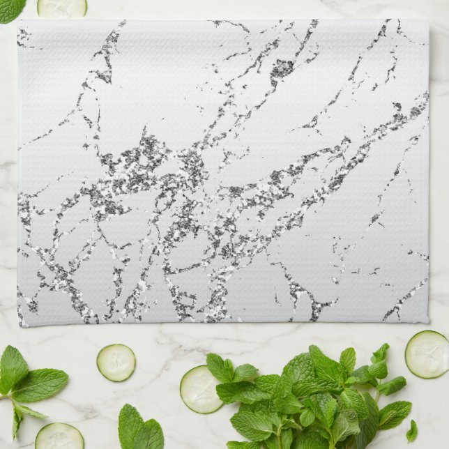 Silver Marble Glam Glitter  Kitchen Towel (Folded)