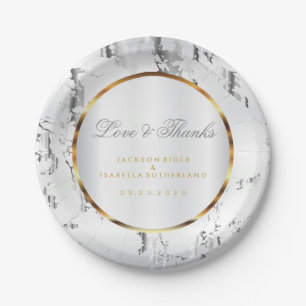 Silver Marble, Gold and White Satin Paper Plate