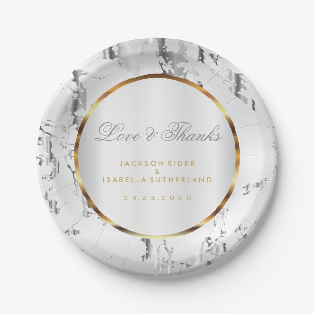 Silver Marble, Gold and White Satin Paper Plate (Front)
