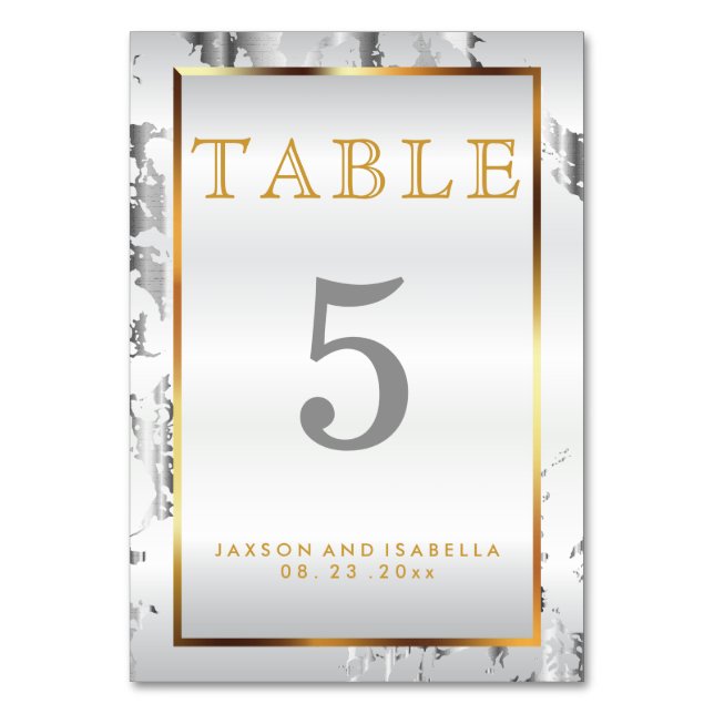 Silver Marble, Gold and White Satin - Table Card (Front)