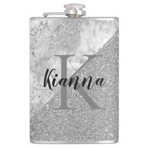Silver Marble Silver Glitter Elegant Monogram Hip Flask