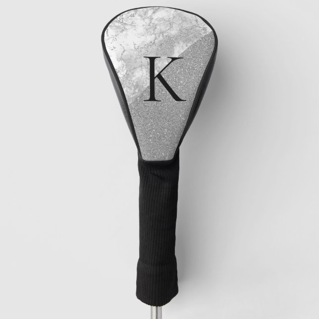 Silver Marble Silver Glitter Monogram Modern  Golf Head Cover (Front)