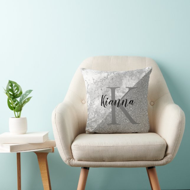 Silver Marble Silver Glitter Monogram Throw Pillow (Chair)
