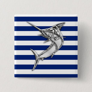 Silver Marlin Swordfish on Navy Stripes 2 Inch Square Button