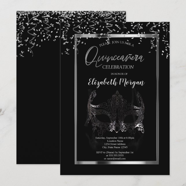Silver Masque,Frame,Confetti Quinceañera   Invitation (Front/Back)