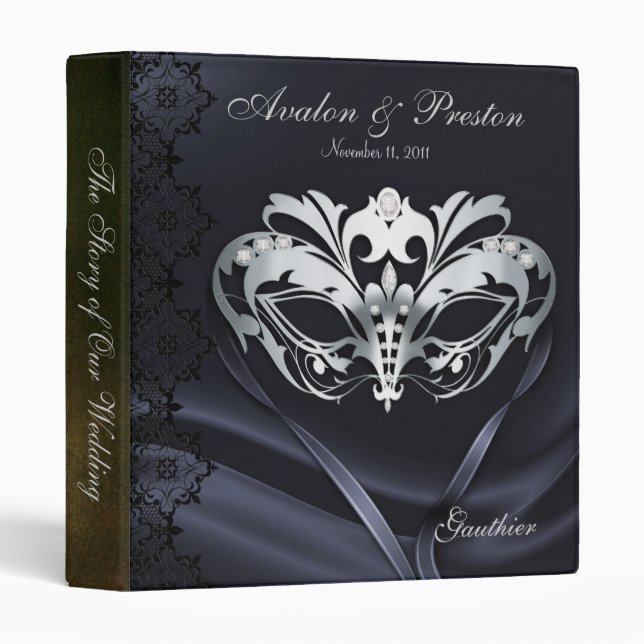Silver Masquerade Black Jewelled Wedding Binder (Front/Spine)