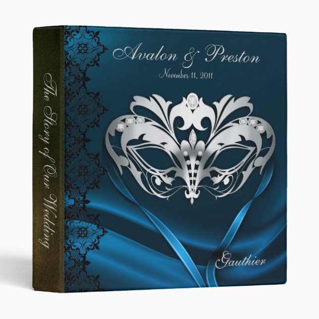 Silver Masquerade Blue Jewelled Wedding Binder (Front/Spine)