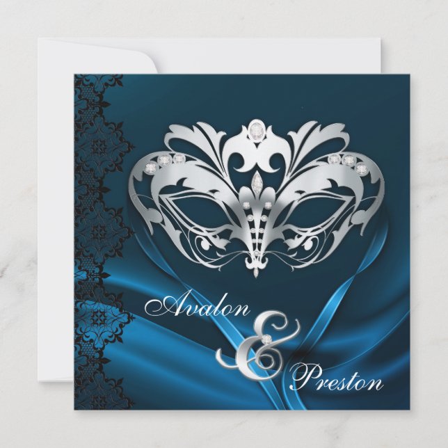 Silver Masquerade Blue Jewelled Wedding Invitation (Front)