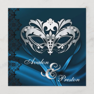 Silver Masquerade Blue Jewelled Wedding Invitation