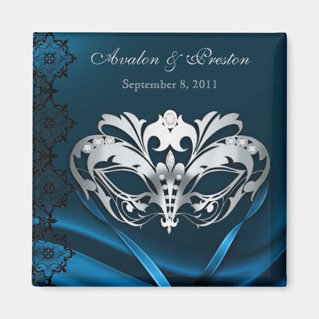 Silver Masquerade Blue Save The Date Magnet (Front)