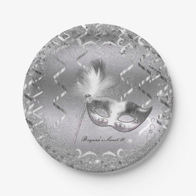 Silver Masquerade Mask Elegant Ball Birthday Party Paper Plate (Front)