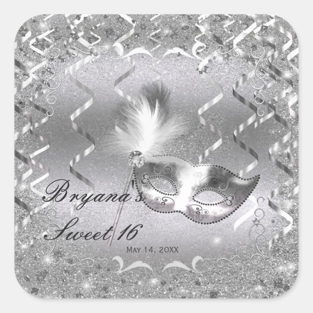 Silver Masquerade Mask Elegant Ball Birthday Party Square Sticker (Front)