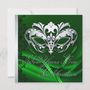 Silver Masquerade Mask Green New Years Invitation