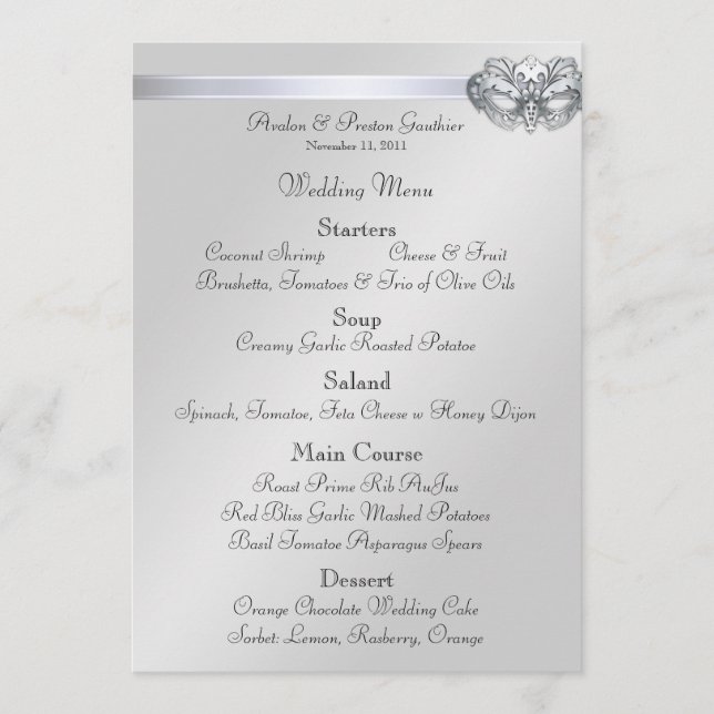 Silver Masquerade Pink Jewel Wedding Menu (Front)