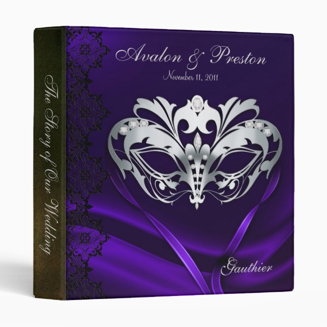 Silver Masquerade Purple Jewelled Wedding Binder (Front/Spine)