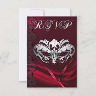 Silver Masquerade Red Jewelled RSVP Invitation