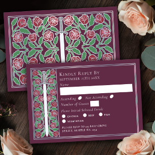 Silver Mauve Medieval Floral Sword Wedding RSVP Card