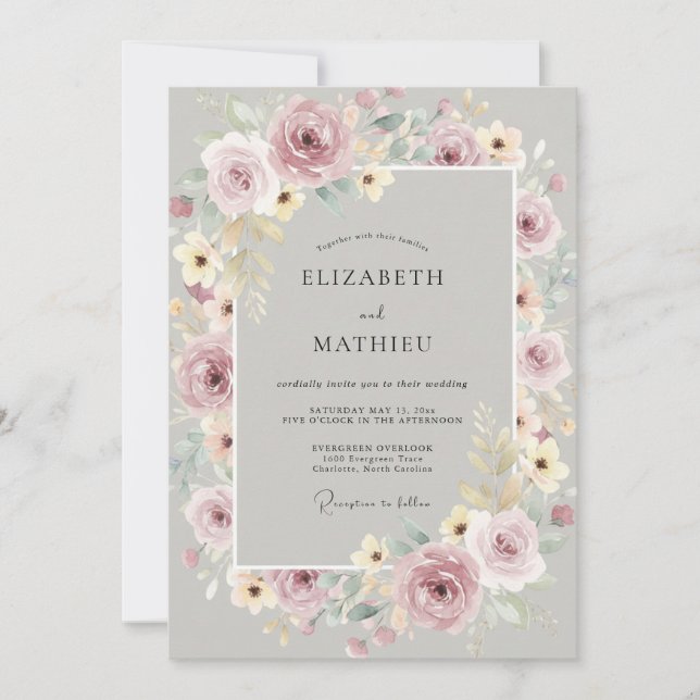 Silver Mauve Peony Wedding Invitation (Front)