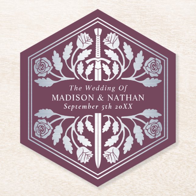 Silver Mauve Royal Medieval Sword Wedding Paper Coaster (Front)