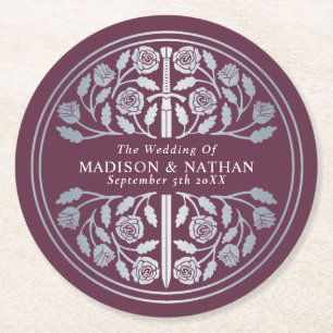 Silver Mauve Royal Medieval Sword Wedding Round Paper Coaster