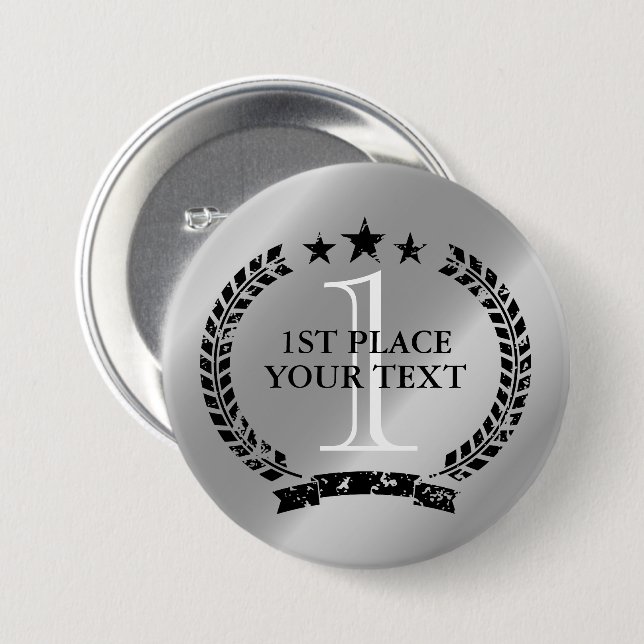 Silver medal laurel wreath crest 1st place winner 3 inch round button (Front & Back)