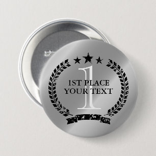 Silver medal laurel wreath crest 1st place winner 3 inch round button