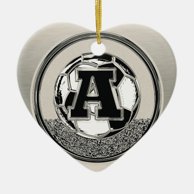 Silver Medal Soccer Monogram Letter A Ceramic Ornament (Front)