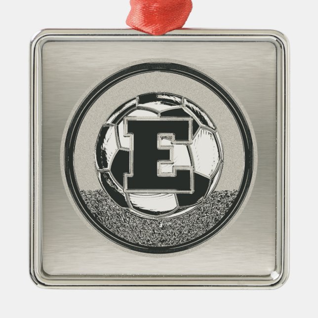 Silver Medal Soccer Monogram Letter E Metal Ornament (Front)