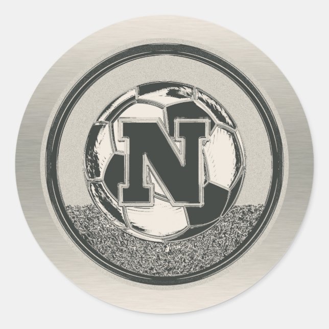 Silver Medal Soccer Monogram Letter N Classic Round Sticker (Front)
