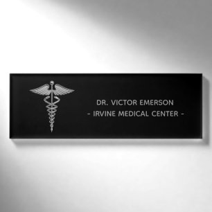 Silver Medical Caduceus Black Personalized Name Tag