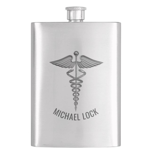 Silver Medical Symbol Personalized Nurses Doctors Hip Flask (Front)