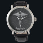 Silver Medical Symbol Personalized Nurses Doctors Watch<br><div class="desc">Cool Designer Caduceus Medical Specialties Personalized Wrist Watches for Male Nurses and Doctors. To change the text,  use the personalize option. For more extensive text changes such as changes to the font,  font colour,  or text size and layout,  choose the customize option.</div>