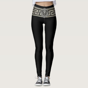 Silver Medusa and Greek Key on Black Leggings
