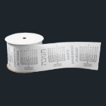 Silver Menorah Hanukkah Pattern Stylish Satin Ribbon<br><div class="desc">Personalize this stylish faux silver Menorah pattern holiday ribbon for all of your Hanukkah gift wrapping needs. The simple modern Menorah artwork in faux silver has two sets of text in between each: Happy Hanukkah with space for the name of your choice and HANUKKAH in Hebrew lettering, both in a...</div>