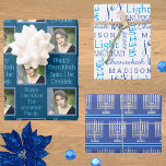 Silver Menorah Typography Photo Blue Hanukkah Wrapping Paper Sheet<br><div class="desc">Shop Hanukkah wrapping paper sheets in a fun assortment of silver Menorah stripes, blue on white typography and a personalized add your photo design. Upload your photo and personalize two separate text templates on the dark ocean blue design. Create some Chanukah cheer by adding your child's name to the typography...</div>