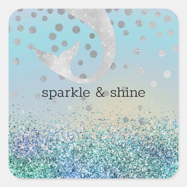 Silver Mermaid Aqua Mint Purple Glitter Sparkle Square Sticker (Front)