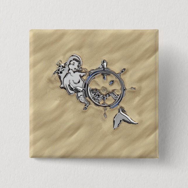 Silver Mermaid in the Sand Decor 2 Inch Square Button (Front)
