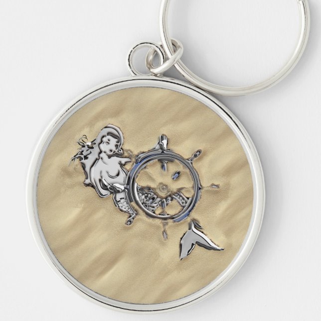 Silver Mermaid in the Sand Decor Keychain (Front)