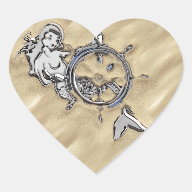 Silver Mermaid in the Sand Heart Sticker (Front)