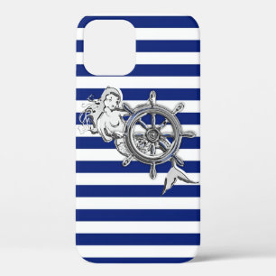 Silver Mermaid on Nautical Stripes iPhone 12 Case