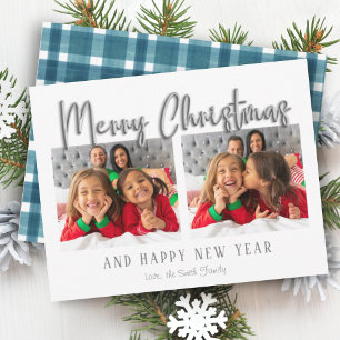 Silver Merry Christmas Bubble Letters Blue Plaid Holiday Card