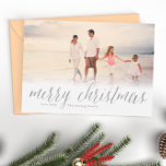 Silver Merry Christmas Glitter Look Photo Holiday<br><div class="desc">These classic,  simple Christmas cards feature a photo and glitter look "merry christmas" in calligraphy script. Personalized with your own family name. The back of these cards features a glittery stripe design.</div>