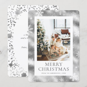 Silver Merry Christmas Snowflake Snow Photo Holiday Card