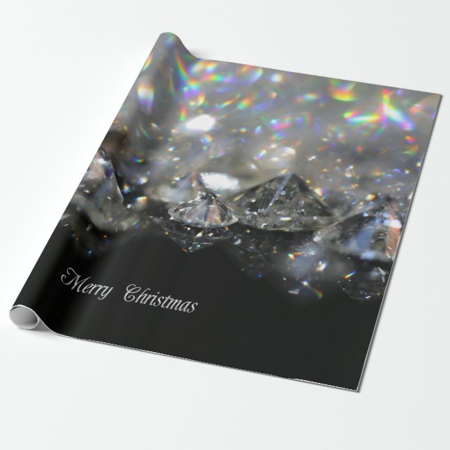 Silver Merry Christmas Text Shiny Diamonds Black Wrapping Paper (Unrolled)