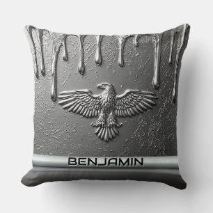 Silver Metal Eagle Emblem With Dripping Paint Throw Pillow