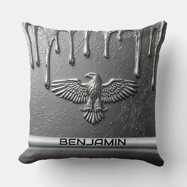 Silver Metal Eagle Emblem With Dripping Paint Throw Pillow (Front)
