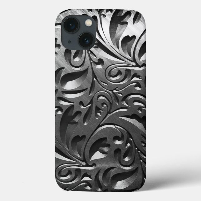 Silver metal engraved look abstract grey steel Case-Mate iPhone case (Back)